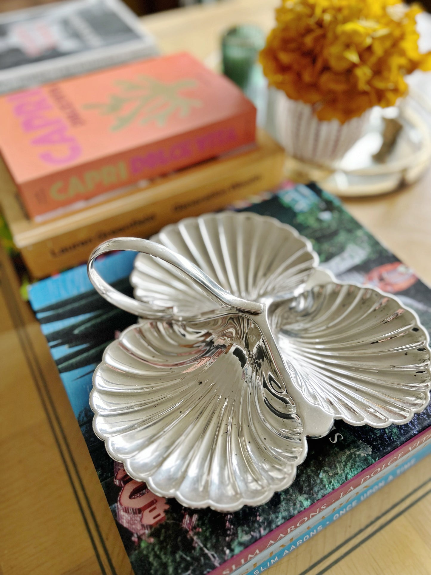 TRIPLE SHELL ANTIQUE SILVER PLATE DISH