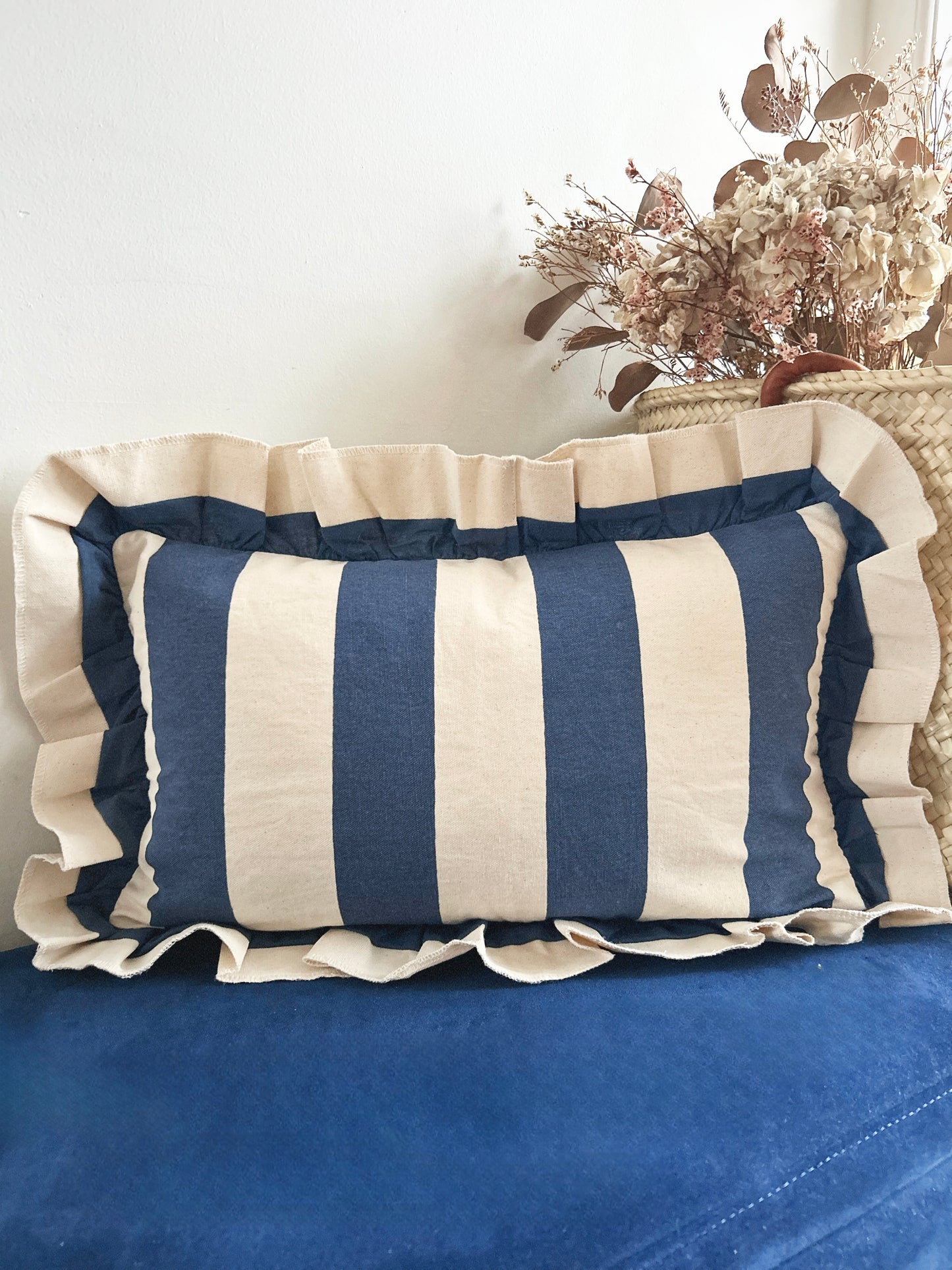 HYDRA RUFFLE EDGE LINEN CUSHION - INDIGO